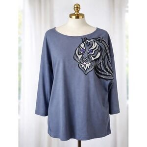 New Bob Mackie Knit Popover Top Tee Sequined Glitz Tiger Embroidered Size XL